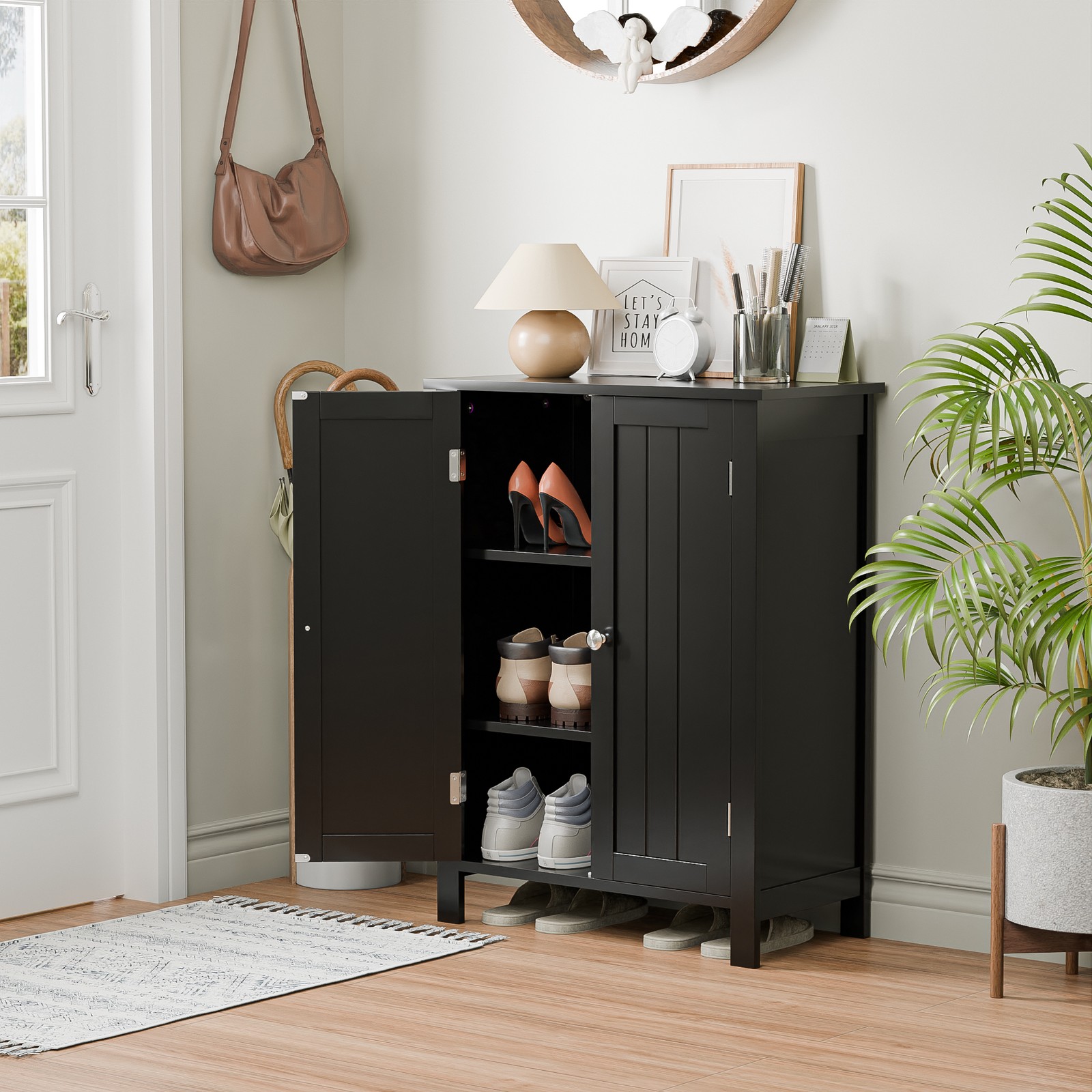 Bathroom Floor Storage Cabinet with Adjustable Shelf Double Door Organizer Black