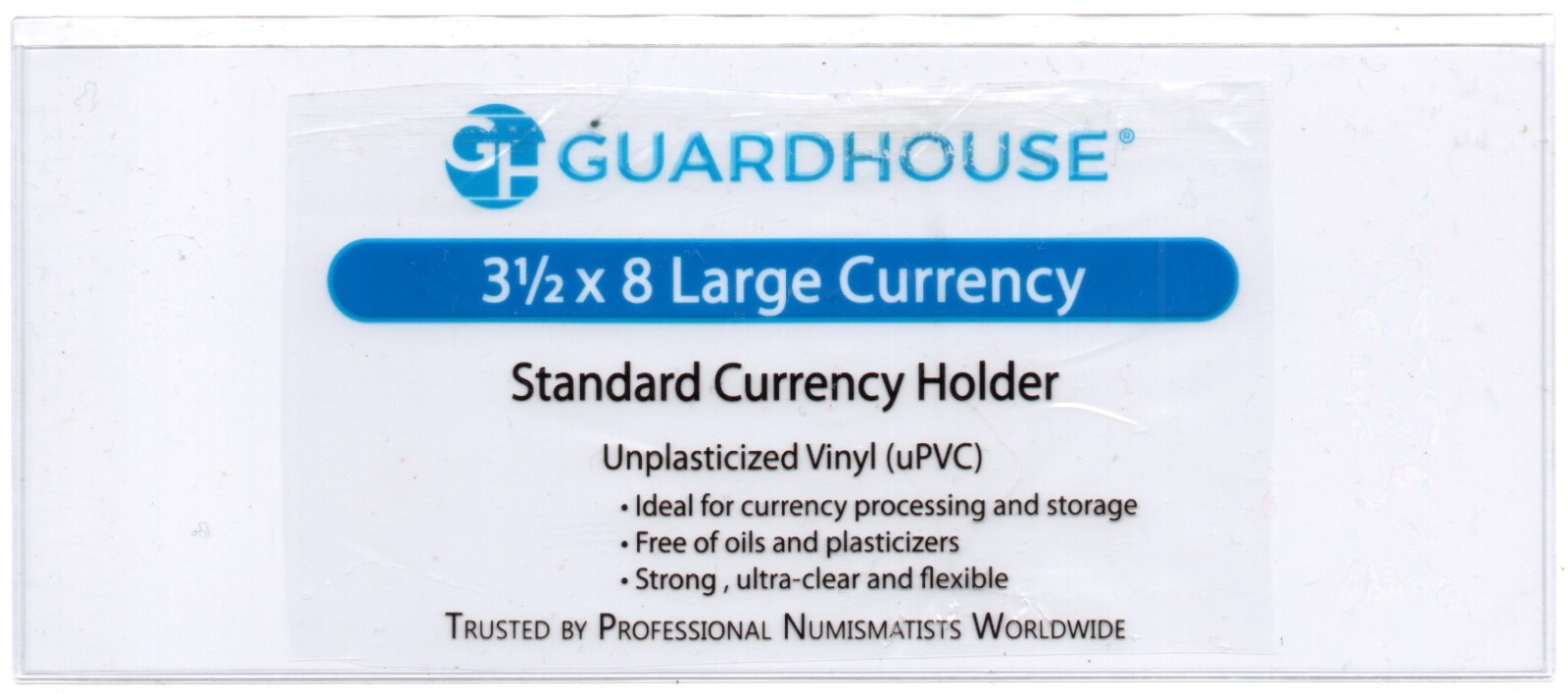 1 - GUARDHOUSE LARGE CURRENCY HOLDER - 3.5 x 8 - UNPLASTICIZED 7 mil SLEEVE