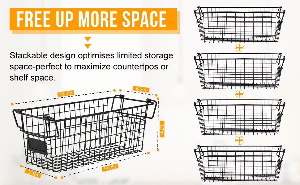 Brand New -- Stackable Wire Basket Storage Shelf Organizer with Handles 4 pack