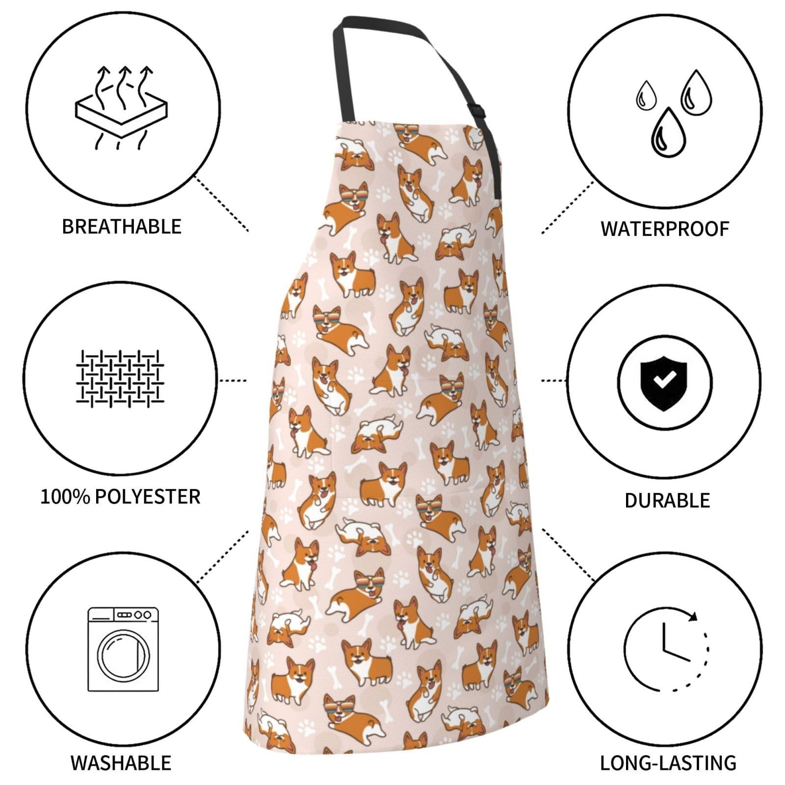 Corgi Kitchen Apron with Pockets Adjustable Neck for Adults