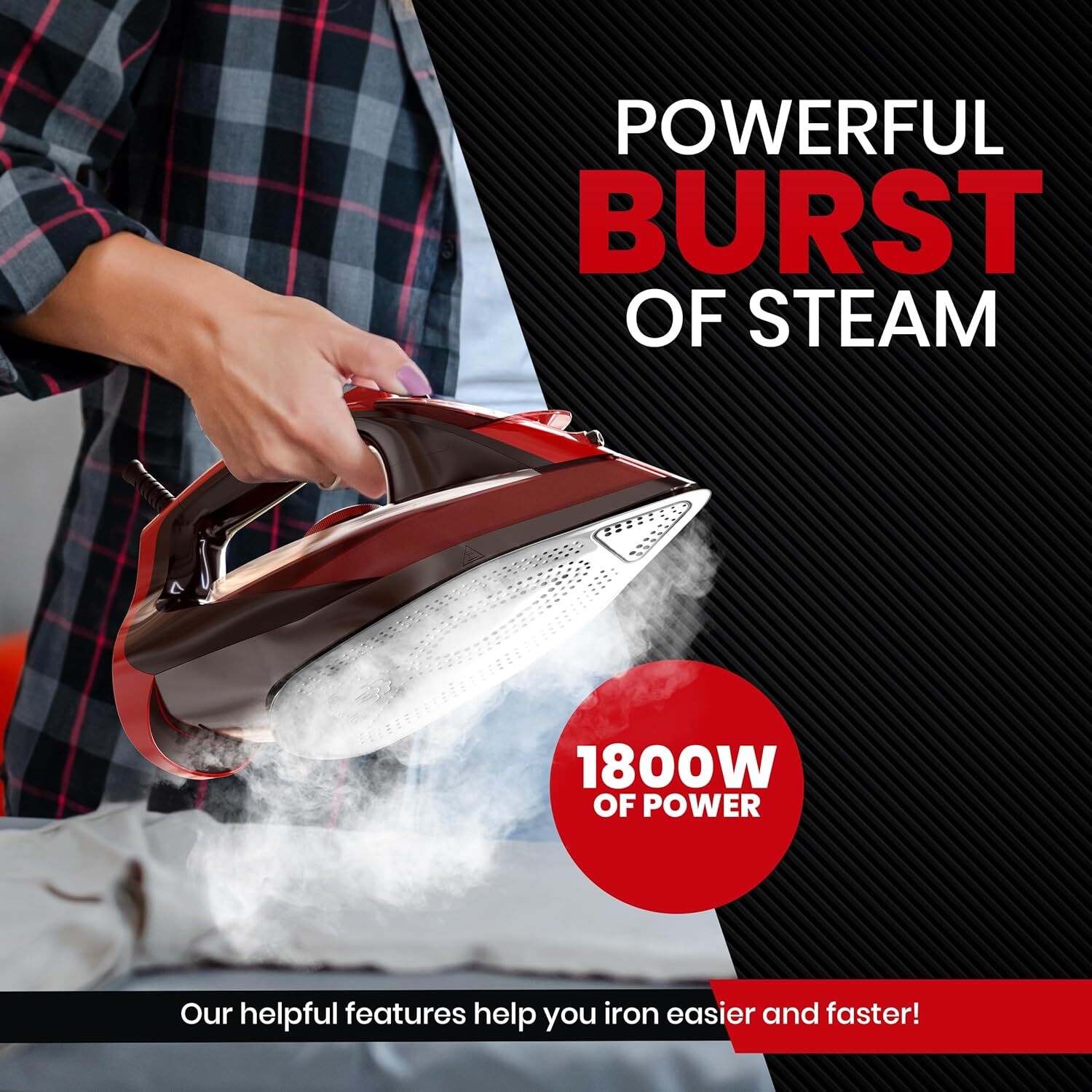 Steam Iron for Clothes - Non-Stick Soleplate - 1800W Clothes Iron