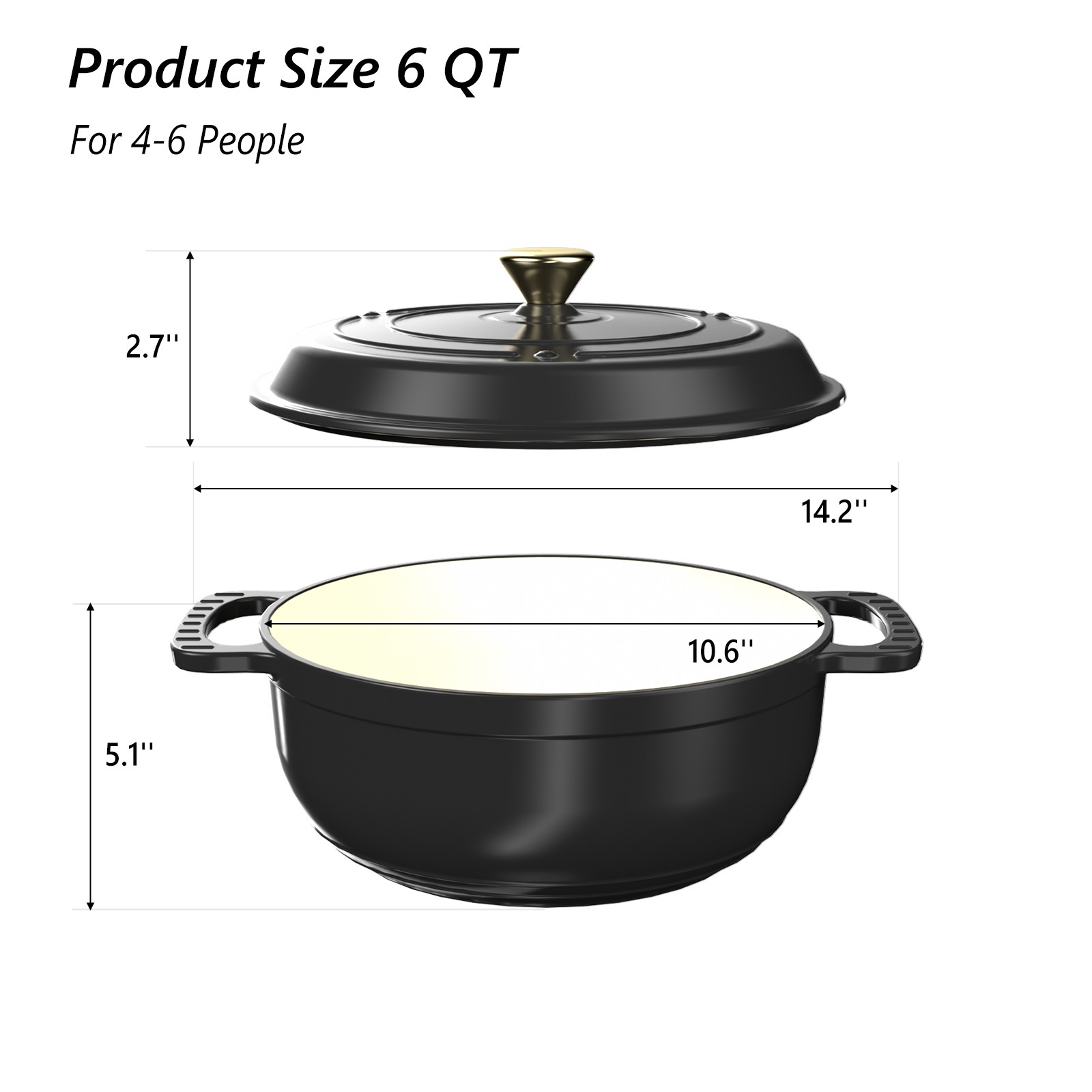 6QT Enameled Cast Iron Dutch Oven, Heavy Duty Dual Enamel Coating FDA Certified