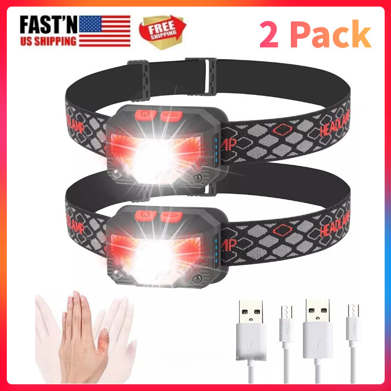 2PACK Headlamp COB LED Rechargeable Headlight Torch Work Light Bar Head Band USB