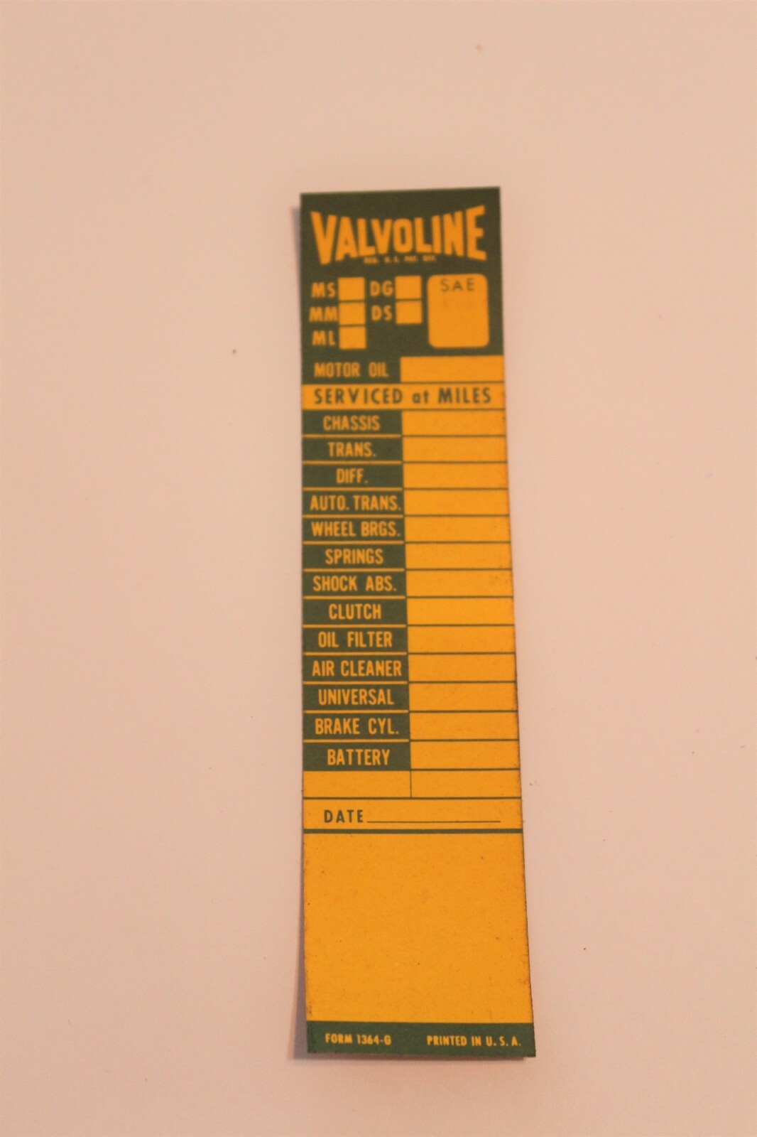 1954 VALVOLINE VINTAGE ORIGINAL DOOR JAMB OIL CHANGE REMINDER STICKER DECAL RARE