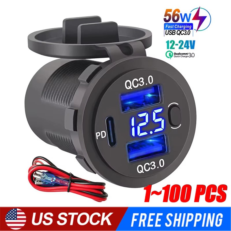 12V-24V PD+QC3.0 Dual USB Car Fast Charger Power Socket Outlet LED Voltmeter LOT