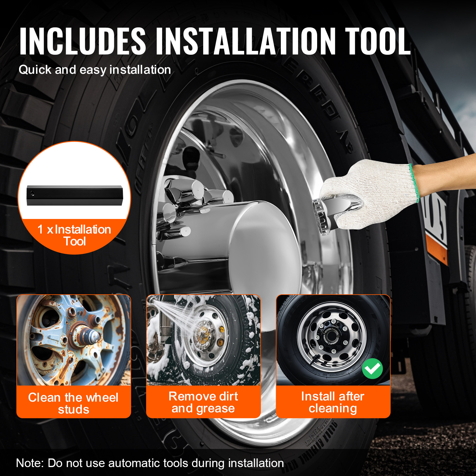 Chrome Hub Cover Semi Truck Wheel Axle Cover 33mm Lug Nut Front & Rear Thread-On