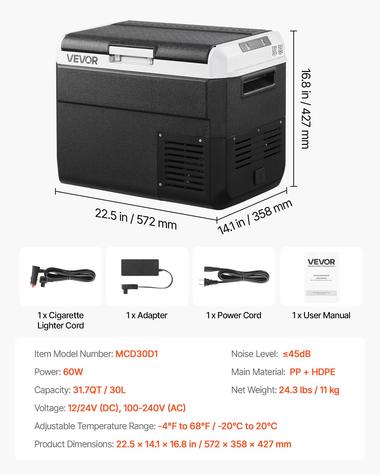 VEVOR 12V Car Refrigerator Portable Freezer 31.7QT Electric Cooler for Camping
