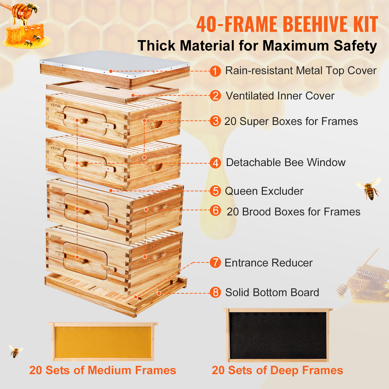 VEVOR Bee Hive Langstroth Kit 20 Deep & 20 Medium Frames with Acrylic Windows