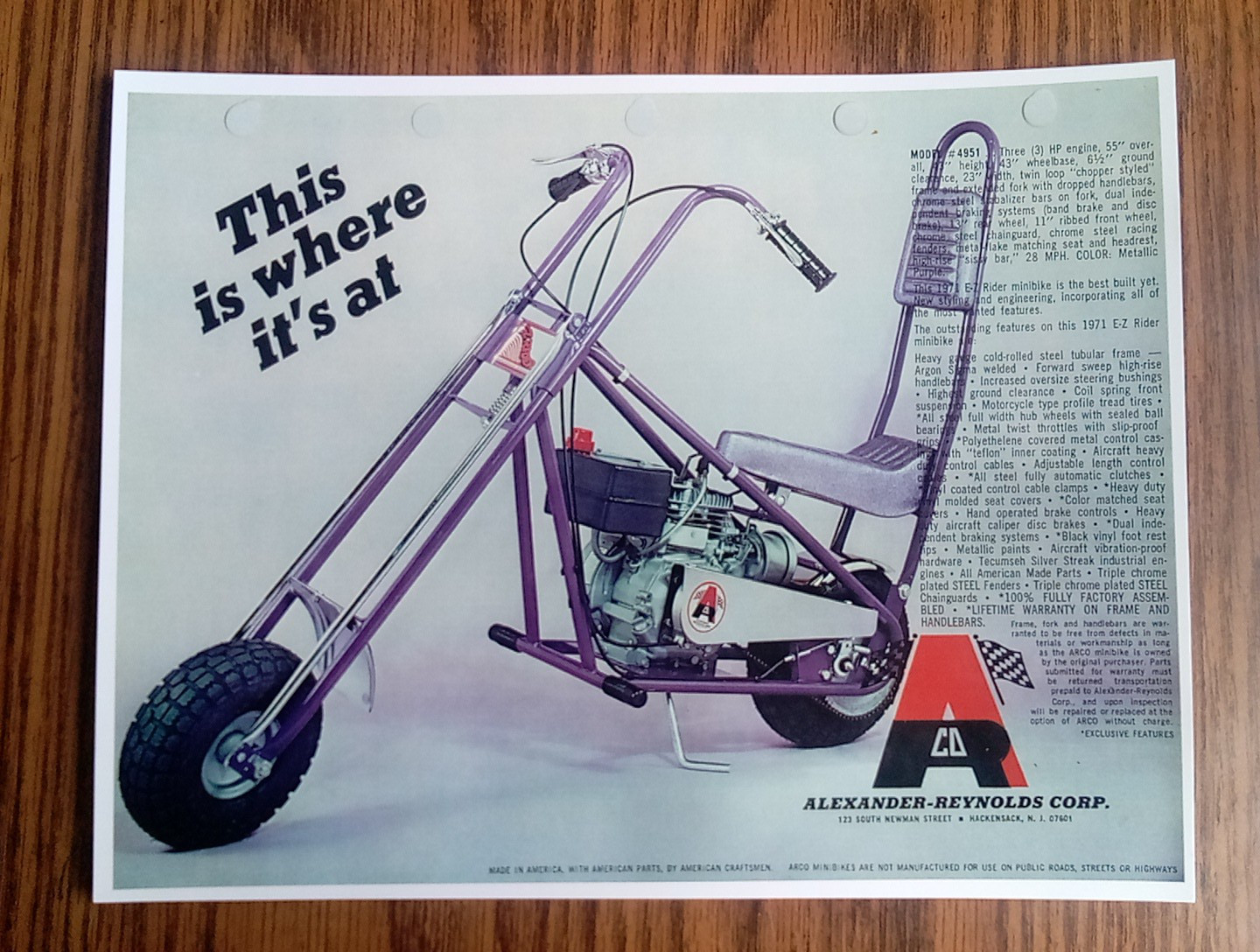 Vintage Alexander Reynolds Corp ARCO Model 4951 Mini Bike Brochure Ad Reprint