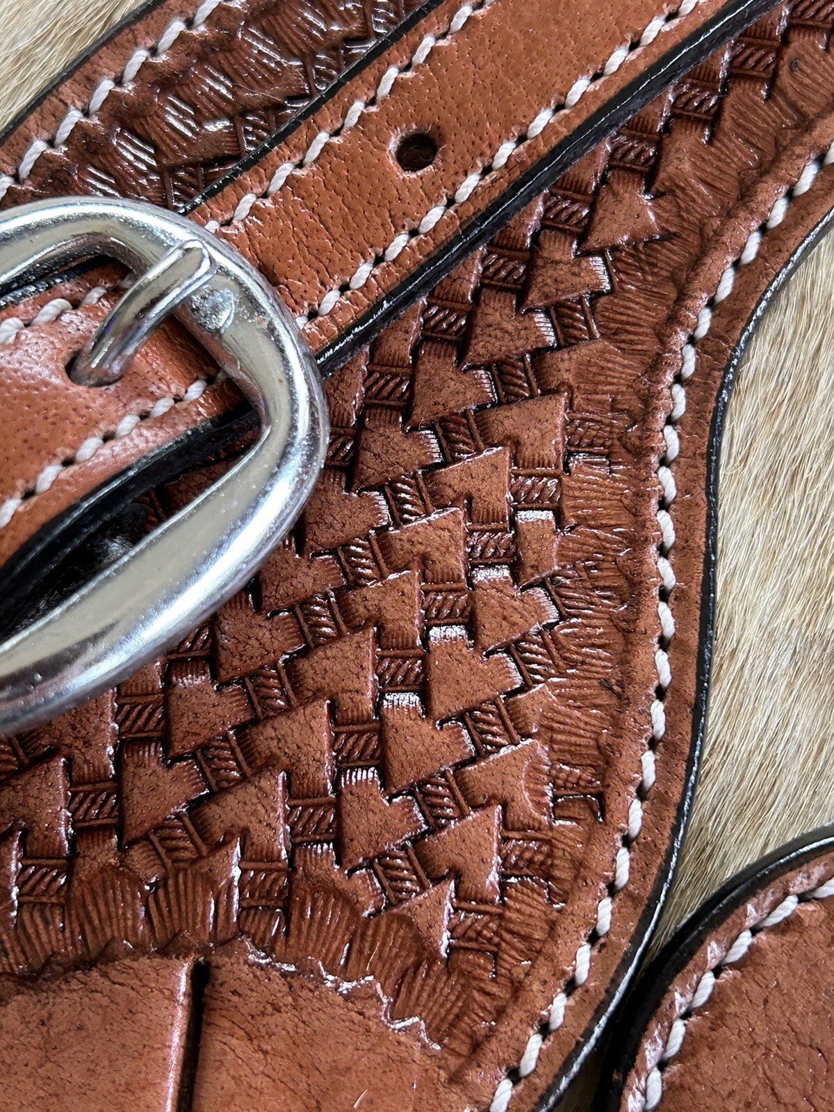 Adult Size Basketweave Tooled Leather Western PAIR Spur Straps Medium Oil Finish