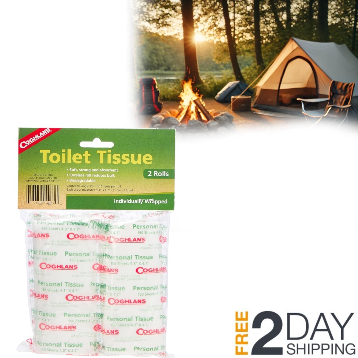 Camping Toilet Tissue 2 Rolls for Backpack Packable Compact Biodegradable Paper