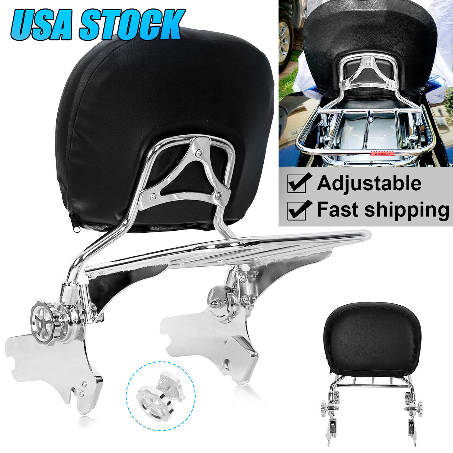 For 97-08 Harley Road King Electra Glide Adjustable Sissy Bar Backrest w/Rack