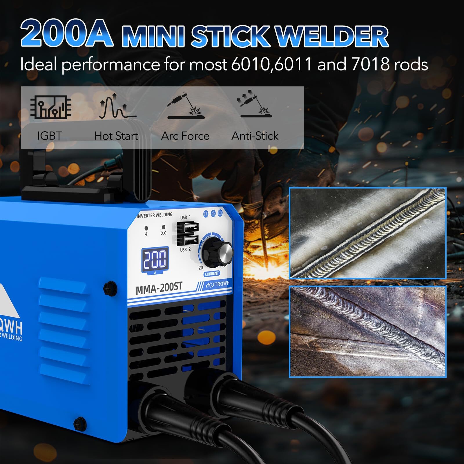TRQWH 200A Portable Stick Welder 110V MMA ARC Welding Machine with IGBT Inverter