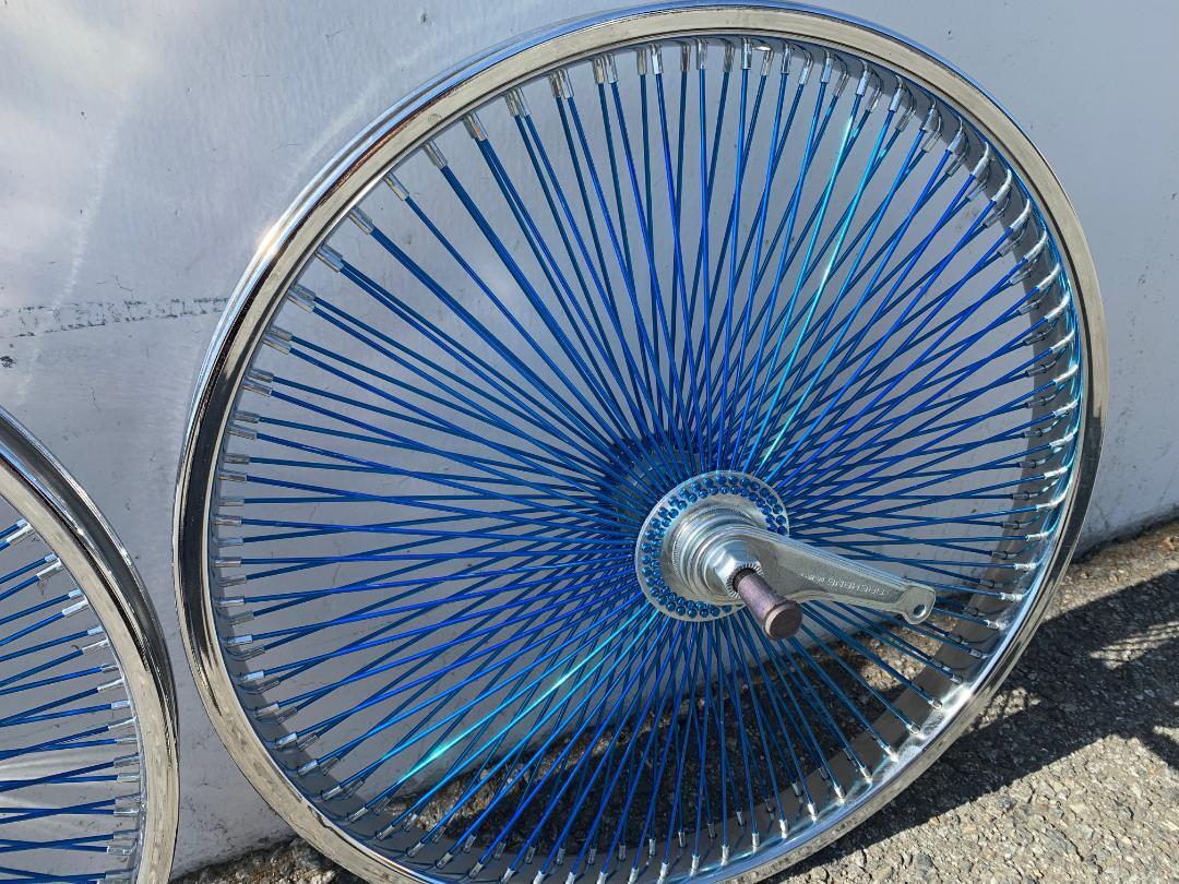 CHROME BICYCLE 20" STEEL WHEELSET W/ 140 BLUE SPOKES LOWRIDER CRUISER BIKES