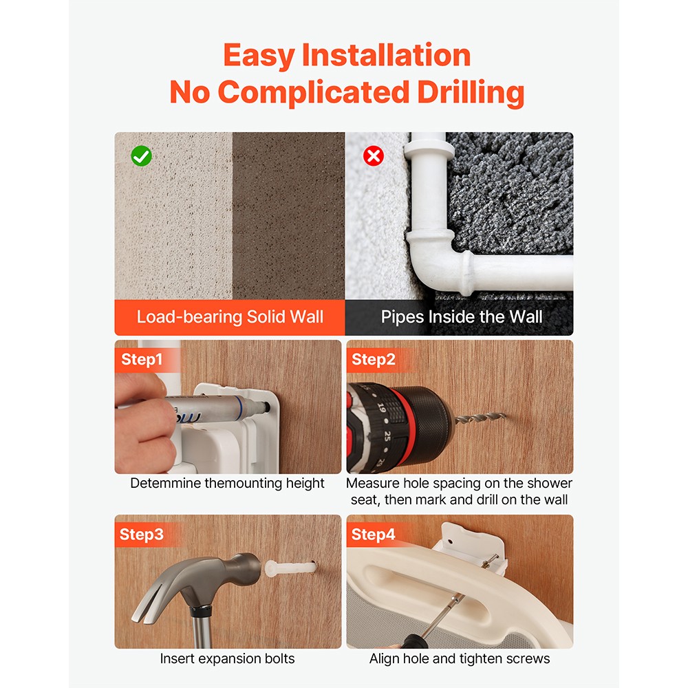 Uimoso Foldable Shower Chair Wall Mounted Shower Seat with Backrest & Armrest