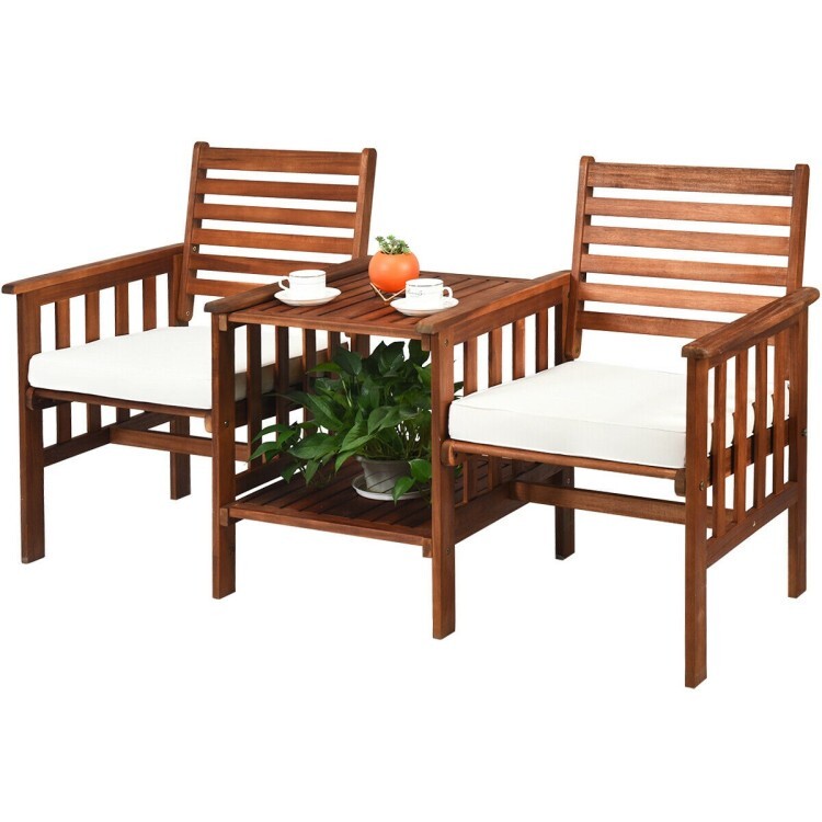 3PCS Outdoor Patio Cushion Furniture Acacia Wood Chair Coffee Table Set Backyard