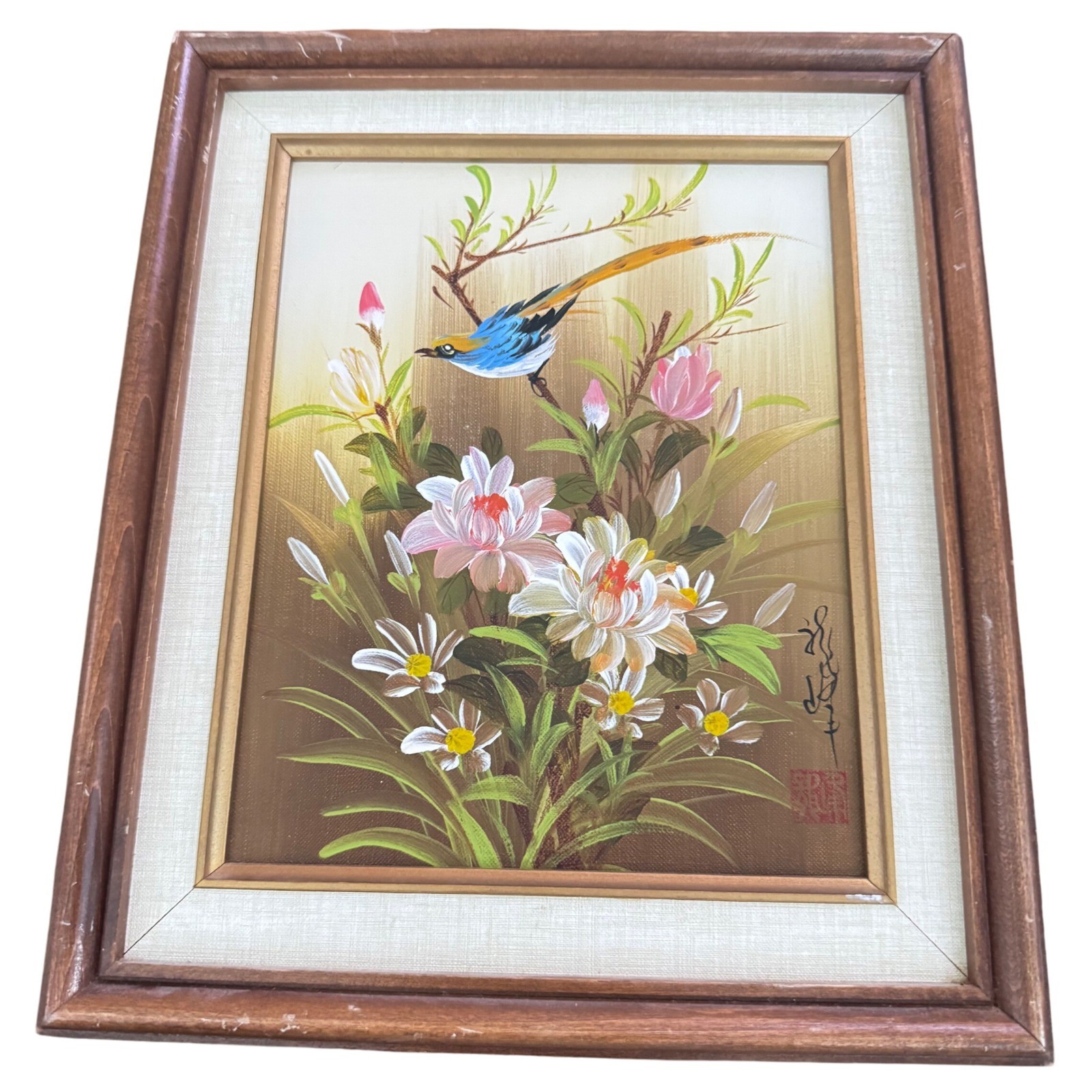 Vintage Framed Bird Floral Painting Signed Asian Art Wall Decor Nature Home '70s