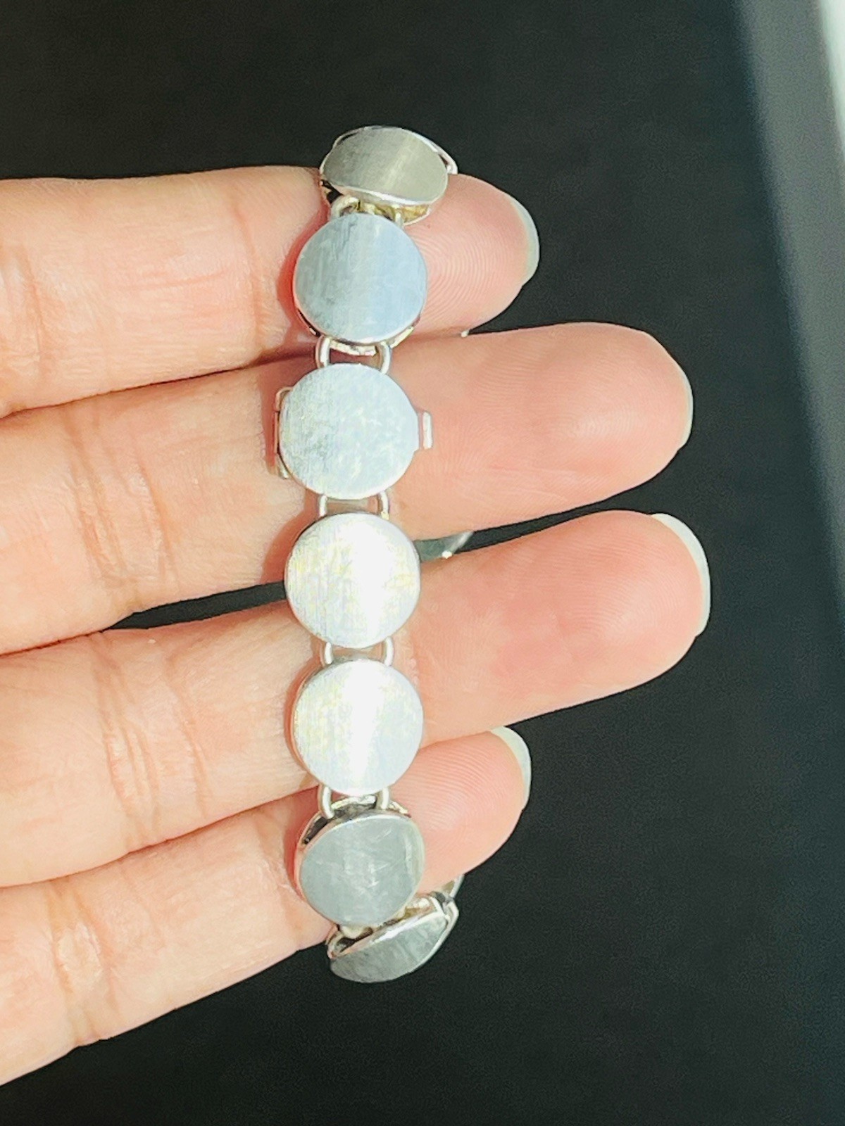 VINTAGE DESIGNER STERLING SILVER BRUSHED DISC MODERNIST LINK BRACELET 43-Grams