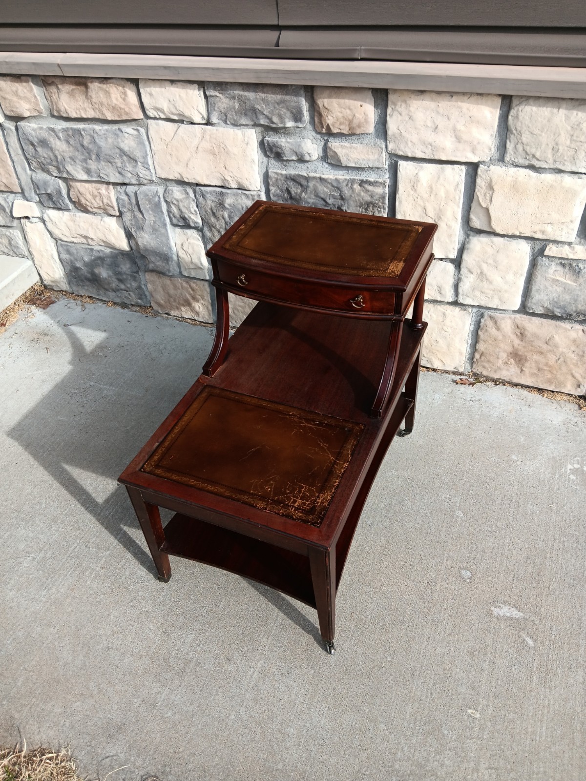 Walnut Carolina Co. Step End Table With Leather Top Drawer And Caster Wheels