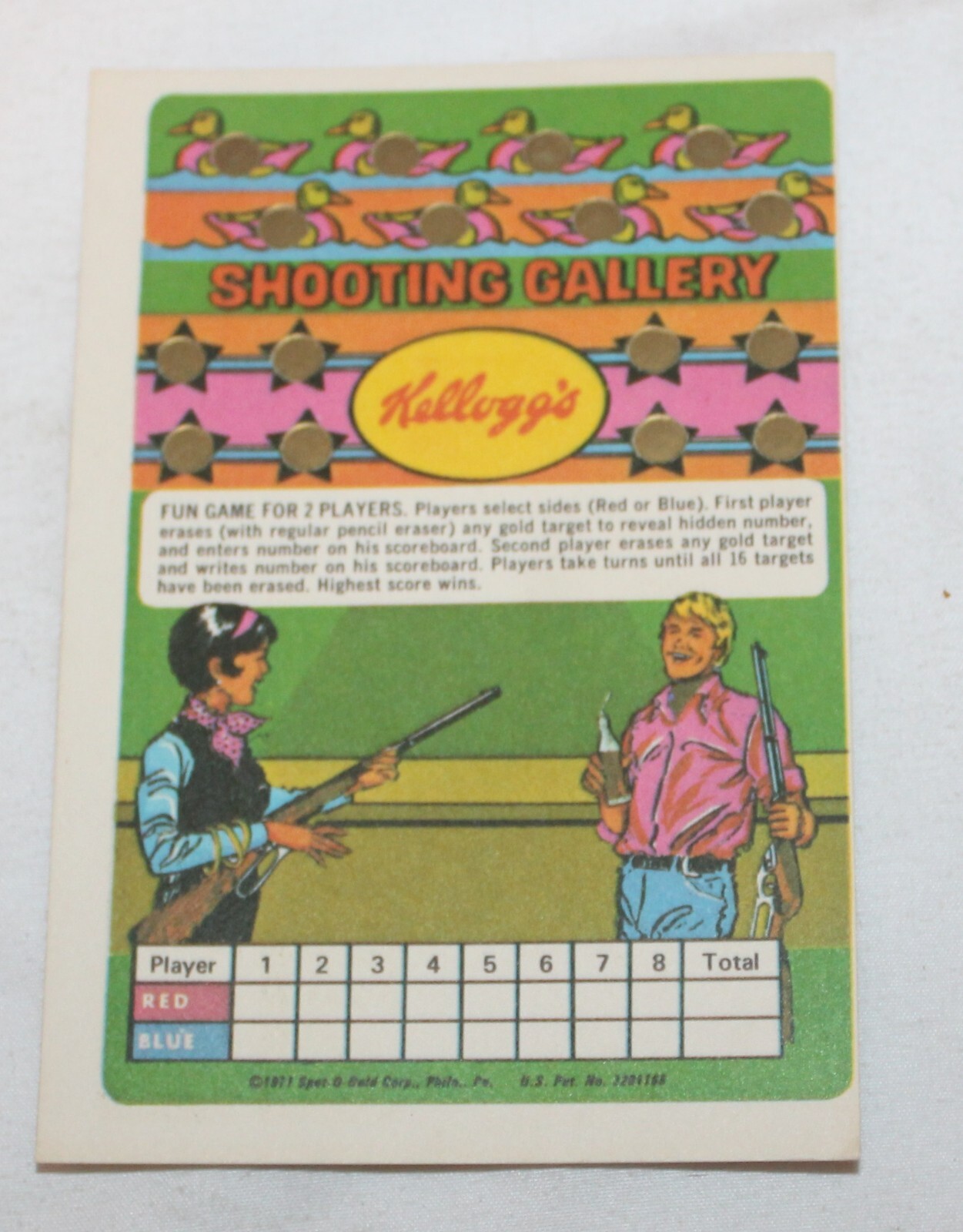 VTG Kellogg's Cereal Premium 1971 Shooting Gallery Game Spot o Gold Card