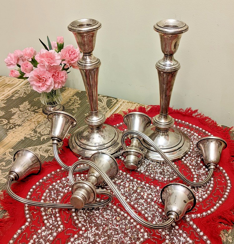 Pair Sterling Silver Weighted Candlesticks Gorham 3 arm 11 1/2"