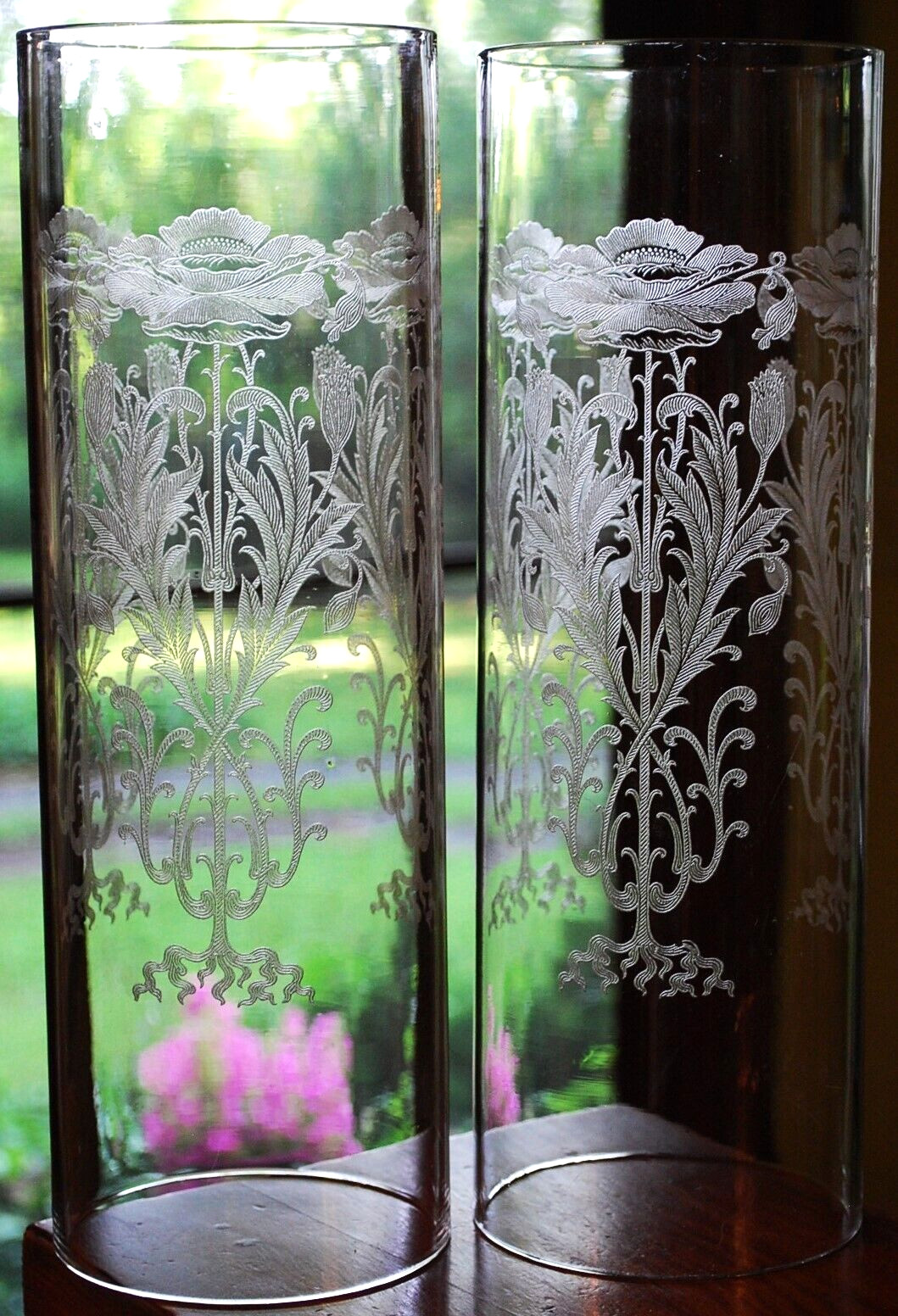 Set 2 TIFFIN FRANCISCAN Crystal Hurricane Lampshades FLANDERS CLEAR ETCH POPPIES