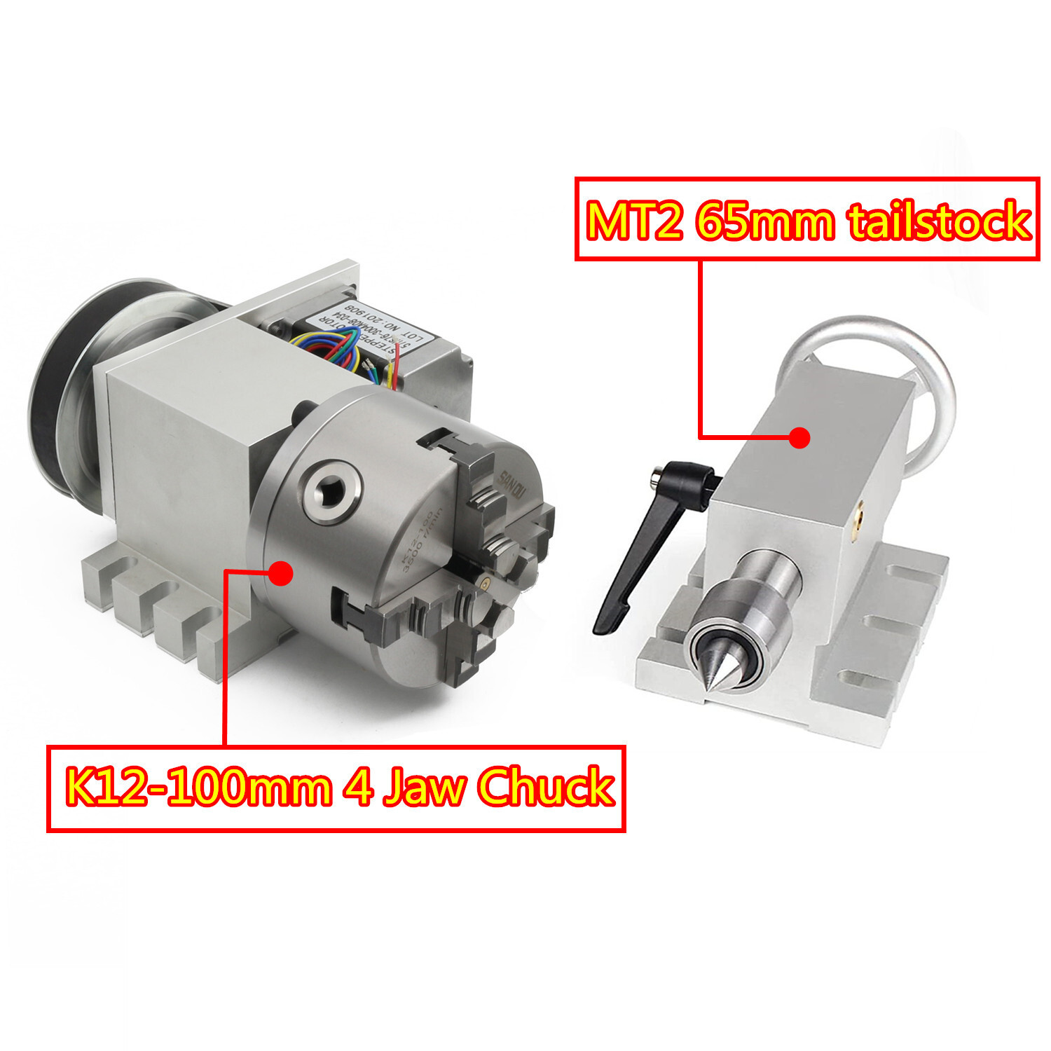 K12-100mm CNC A 4th Axis 4 Jaw Chuck Rotation A-axis (Ratio 6:1) + Tailstock「US」