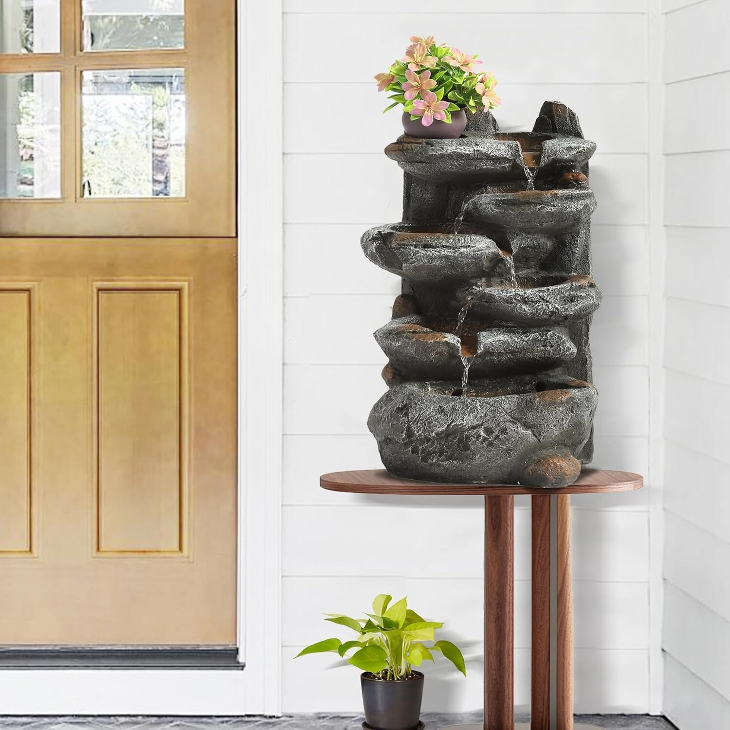 6-Tier Cascading Rock Outdoor Garden Water Fountain with Lights