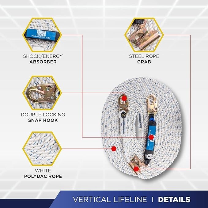 Vertical Lifeline Assembly - 50FT Rope Harness Safety Lanyard with Rope Grab