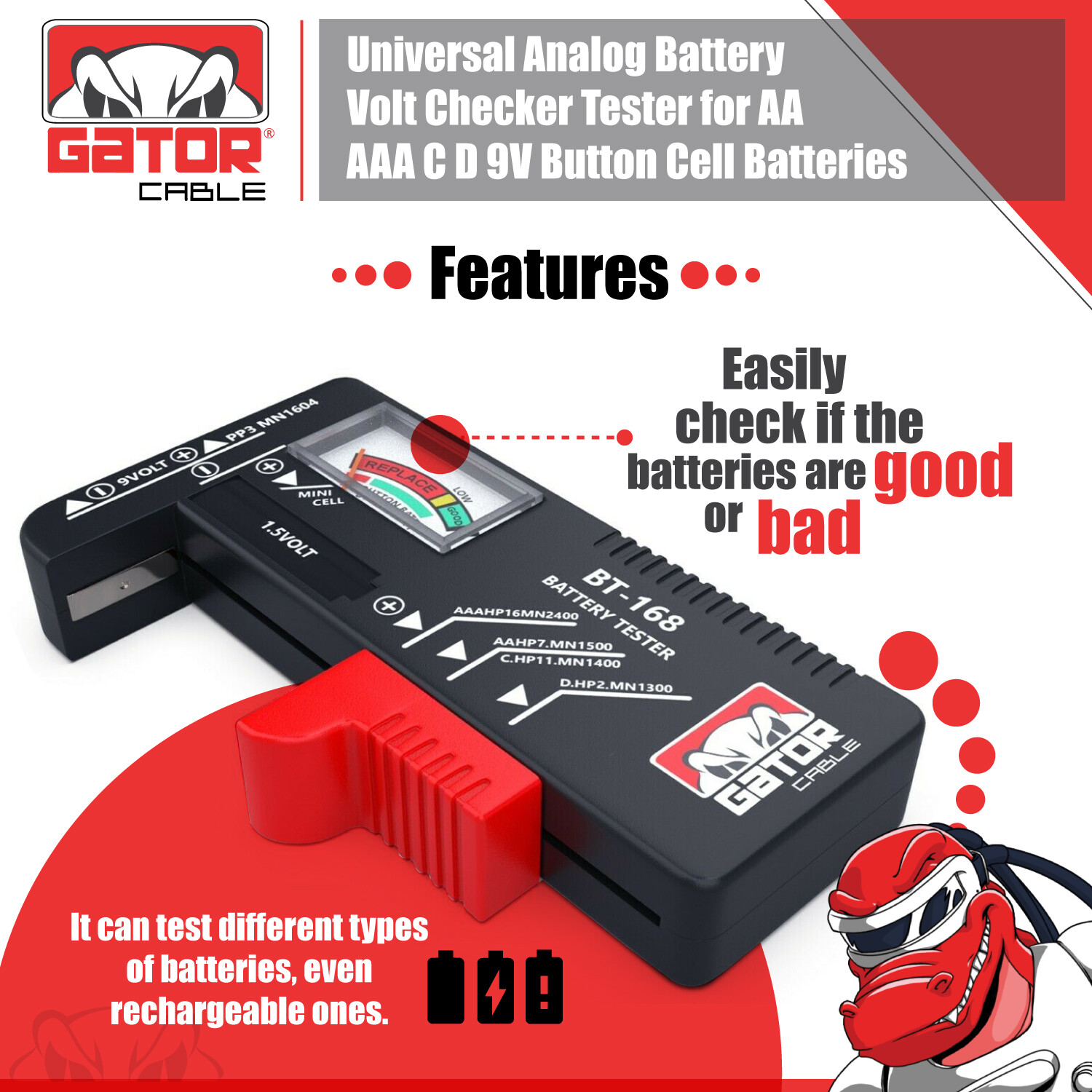 Battery Tester Checker Universal For AA AAA C D 9V 1.5V Button Cell Batteries