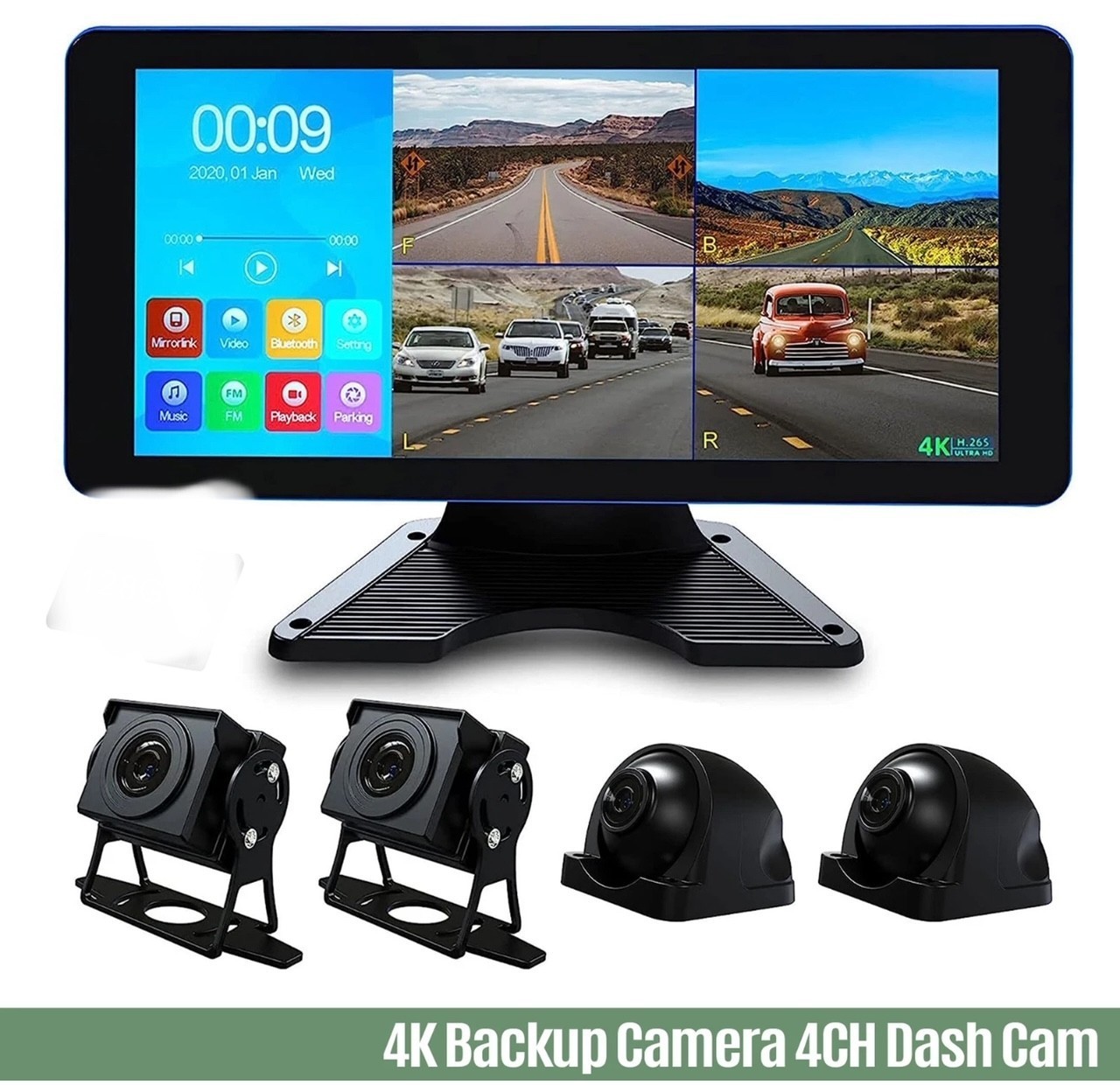 4CH 4K Backup Camera System 10.36" Monitor for RV Truck Trailer Van Rear Side