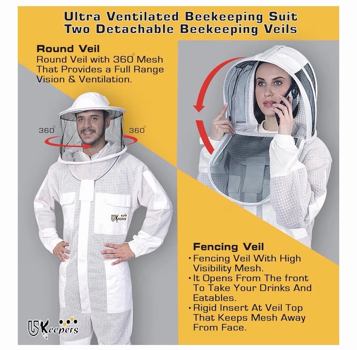 USKeepers 3 Layer Bee Suit Apiarist Ultra Ventilated Beekeeping Suit Size 4XL
