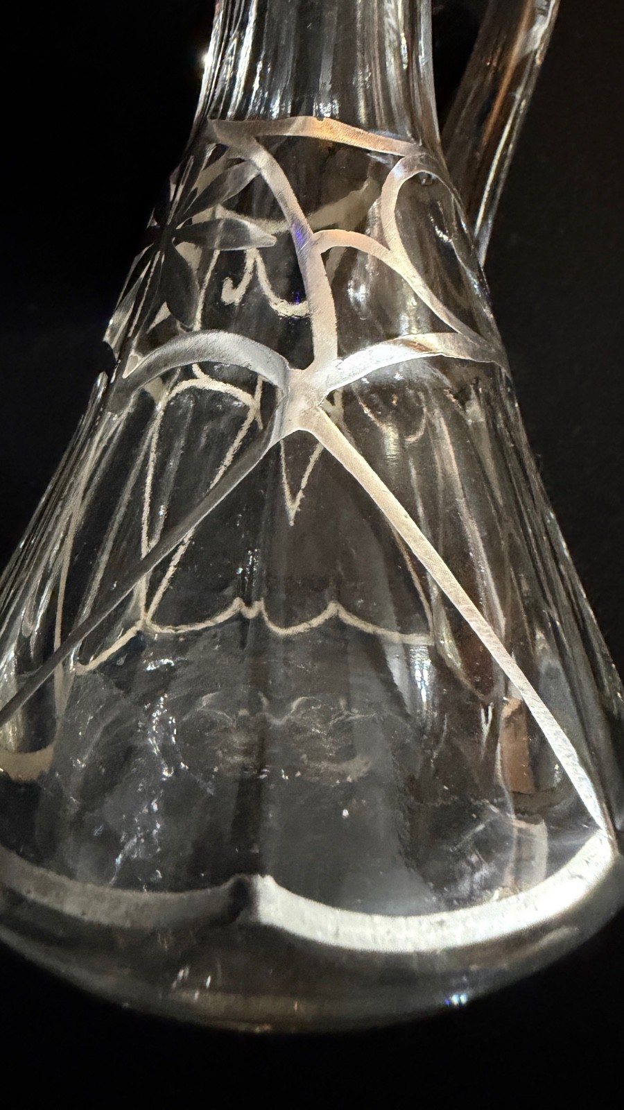 Antique Art Nouveau Sterling Overlay Glass Cruet Bottle w Stopper 6.5"