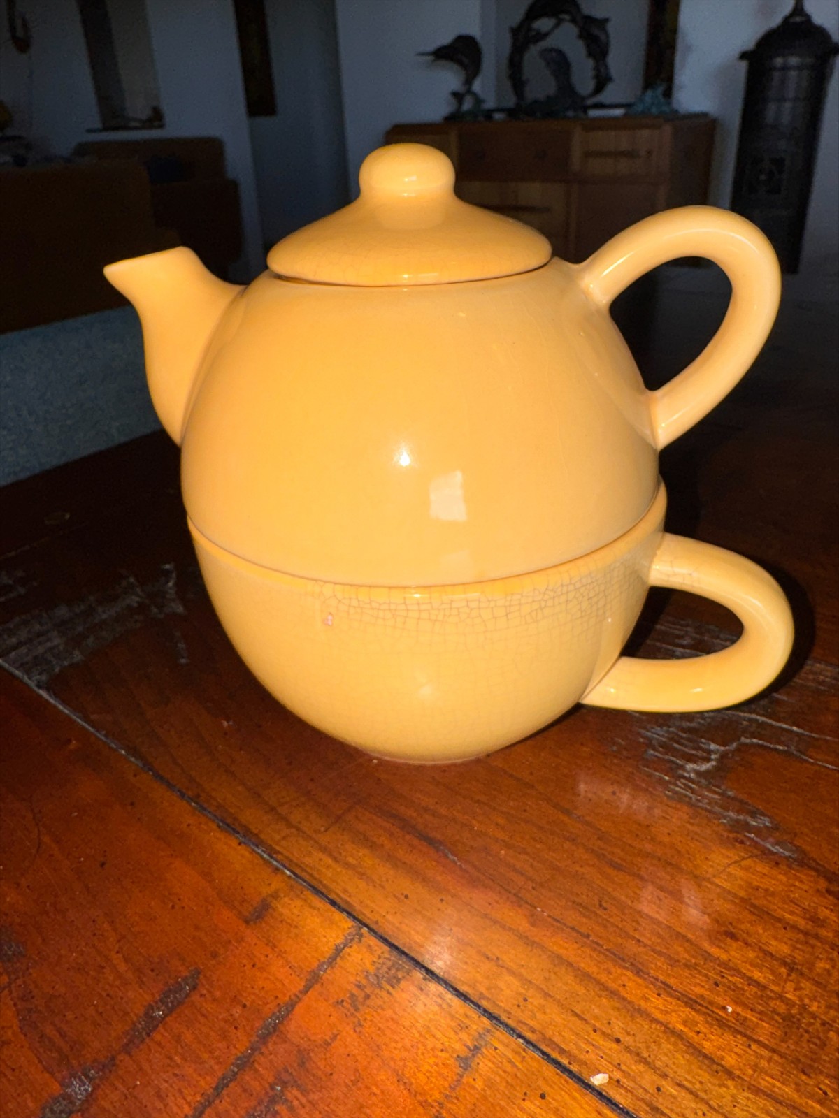 Pier 1 Teapot Mug Set Stackable Tea For One Yellow Green Crackle Glaze China Set