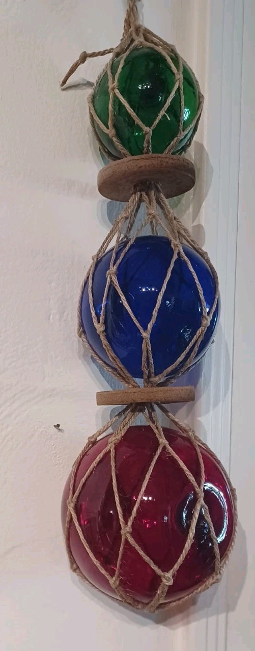 3 Hand Blown Glass Fishing Floats Netted Nautical Fish Net Decor Red Blue Teal