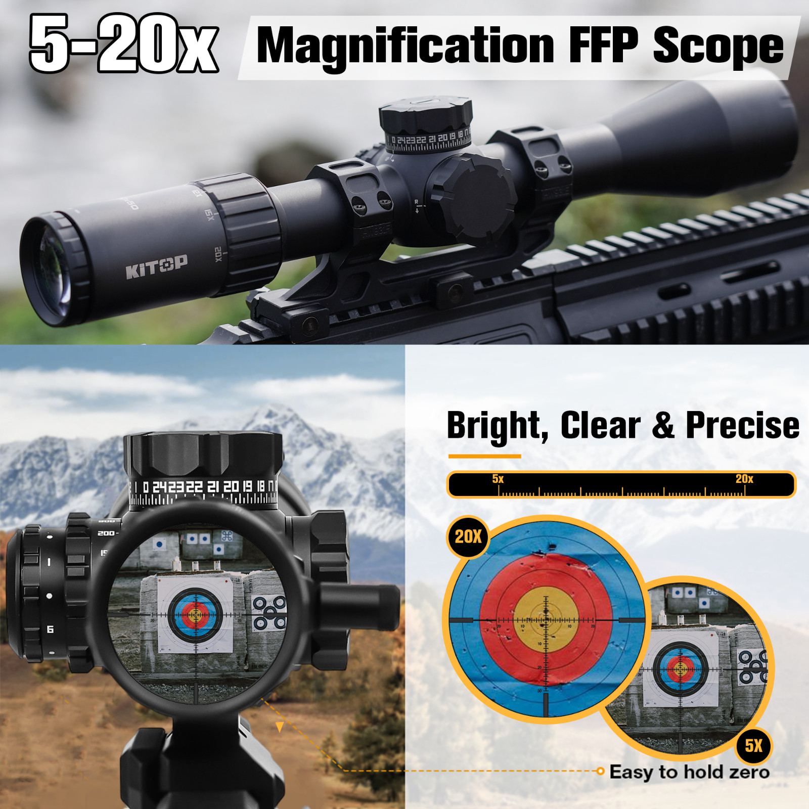 KiTOP Optics 5-20x50mm Rifle Scope FFP w/ Illuminated Crosshair MOA Reticle