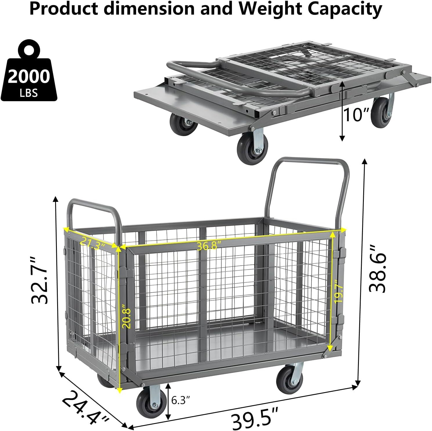 Platform Truck Cart with Cage 6-in-1 2000lbs Aluminum Hand Truck Push Cart Dolly