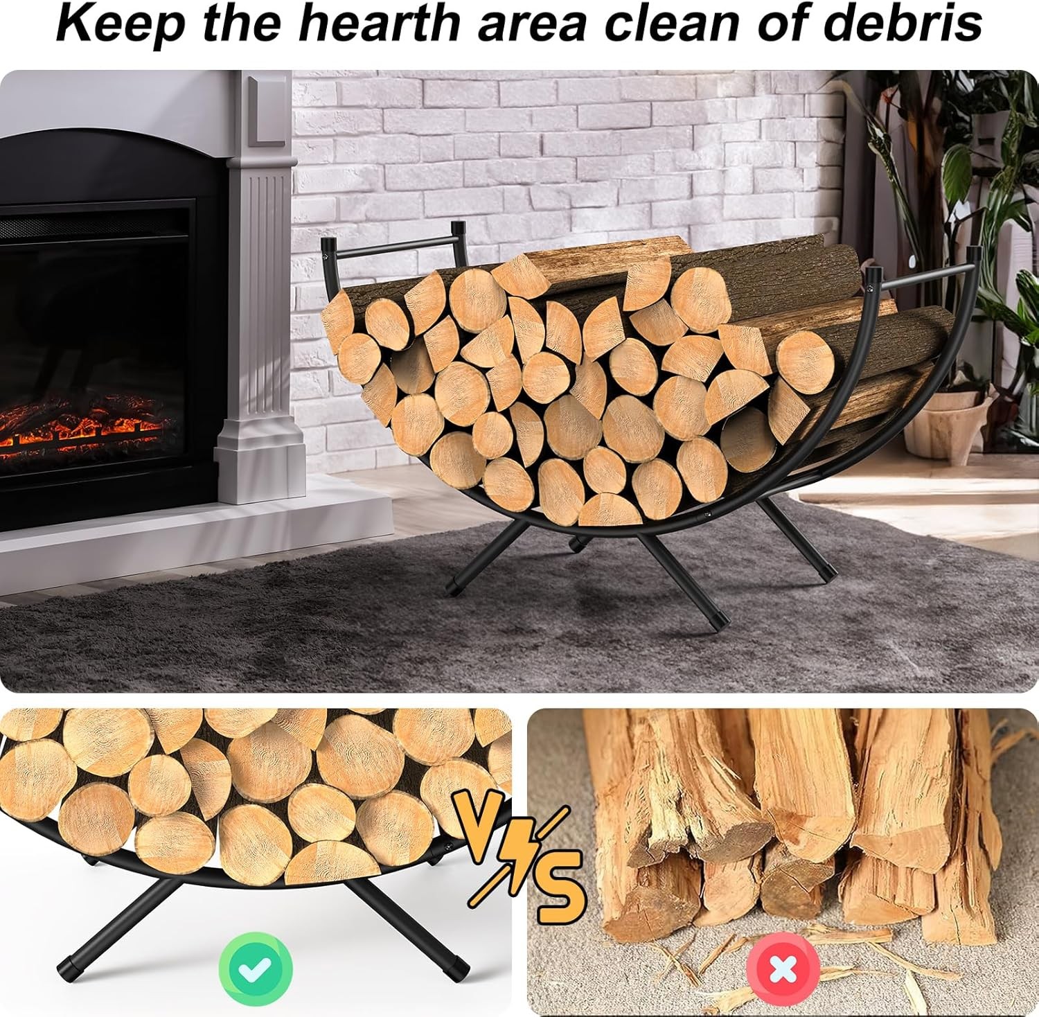 Curved Firewood Rack 33" Heavy Duty Metal Fireplace Log Holder Firewood Storage