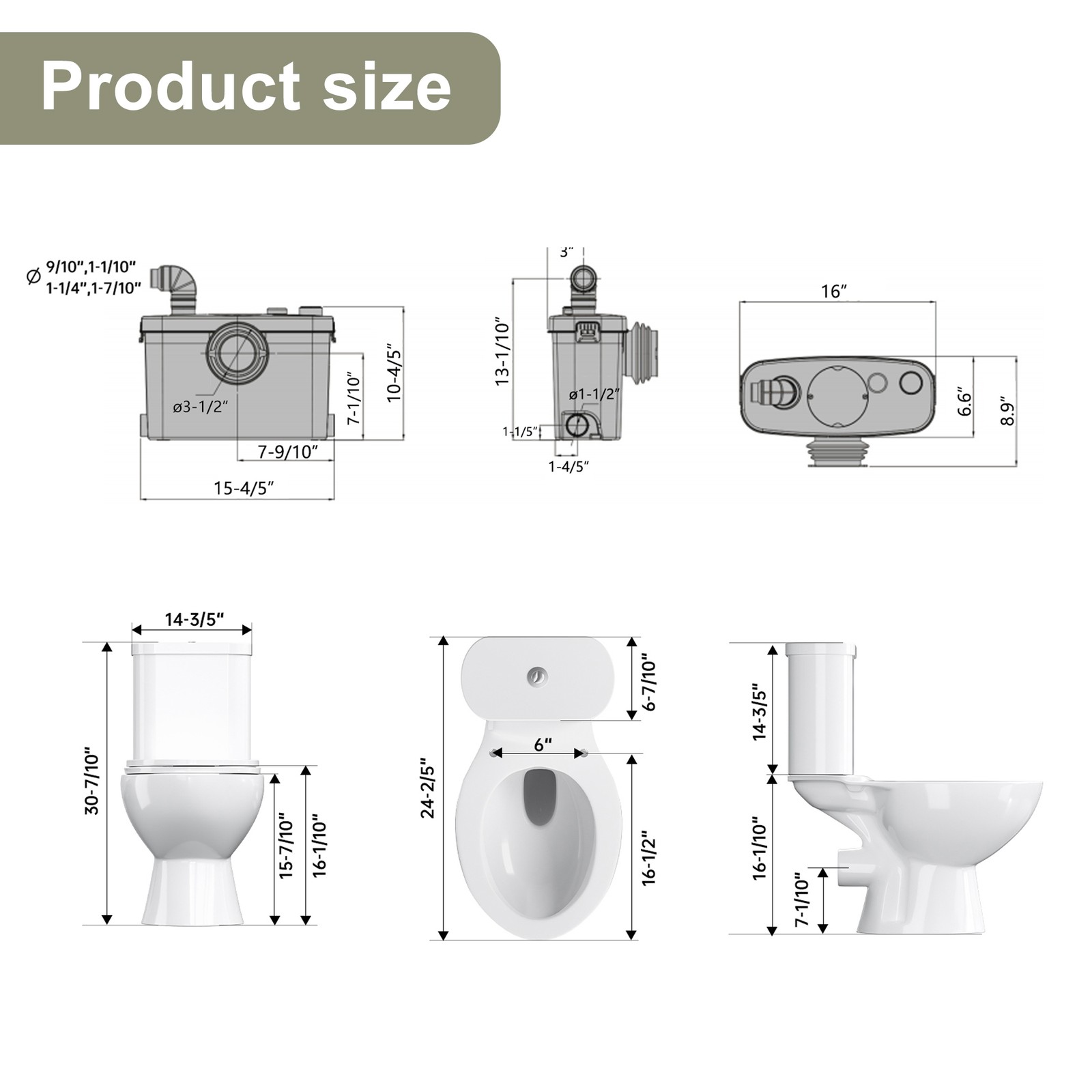 500W Macerating Toilet With 4 Water Inlet Two-piece Upflush Toilet for Basement