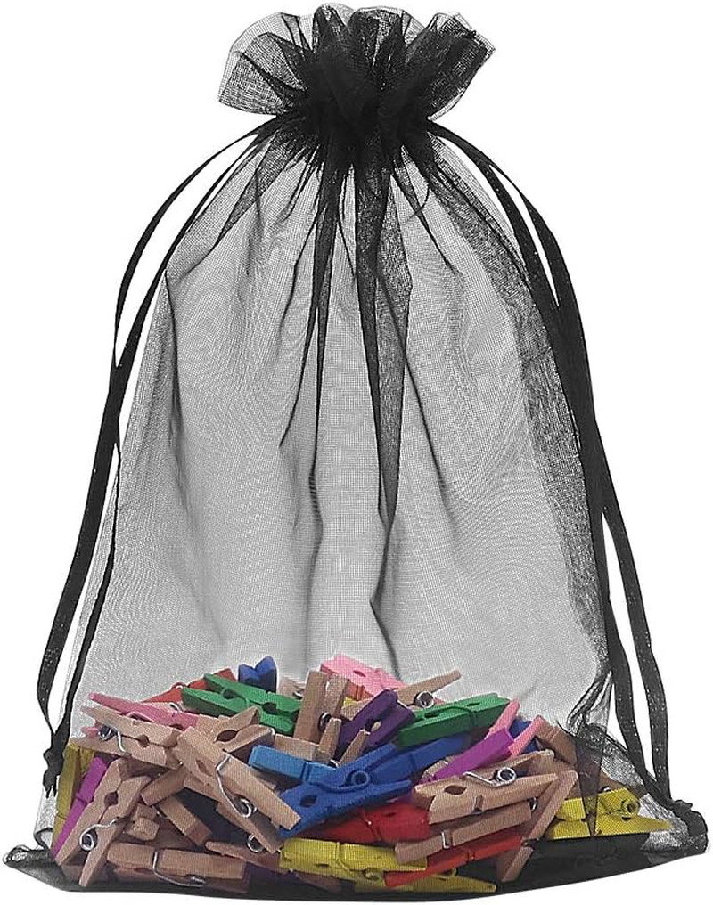 Black Organza Bags 5x7 inch 100pcs, Mesh Candy Bags Jewelry Pouches Drawstring E