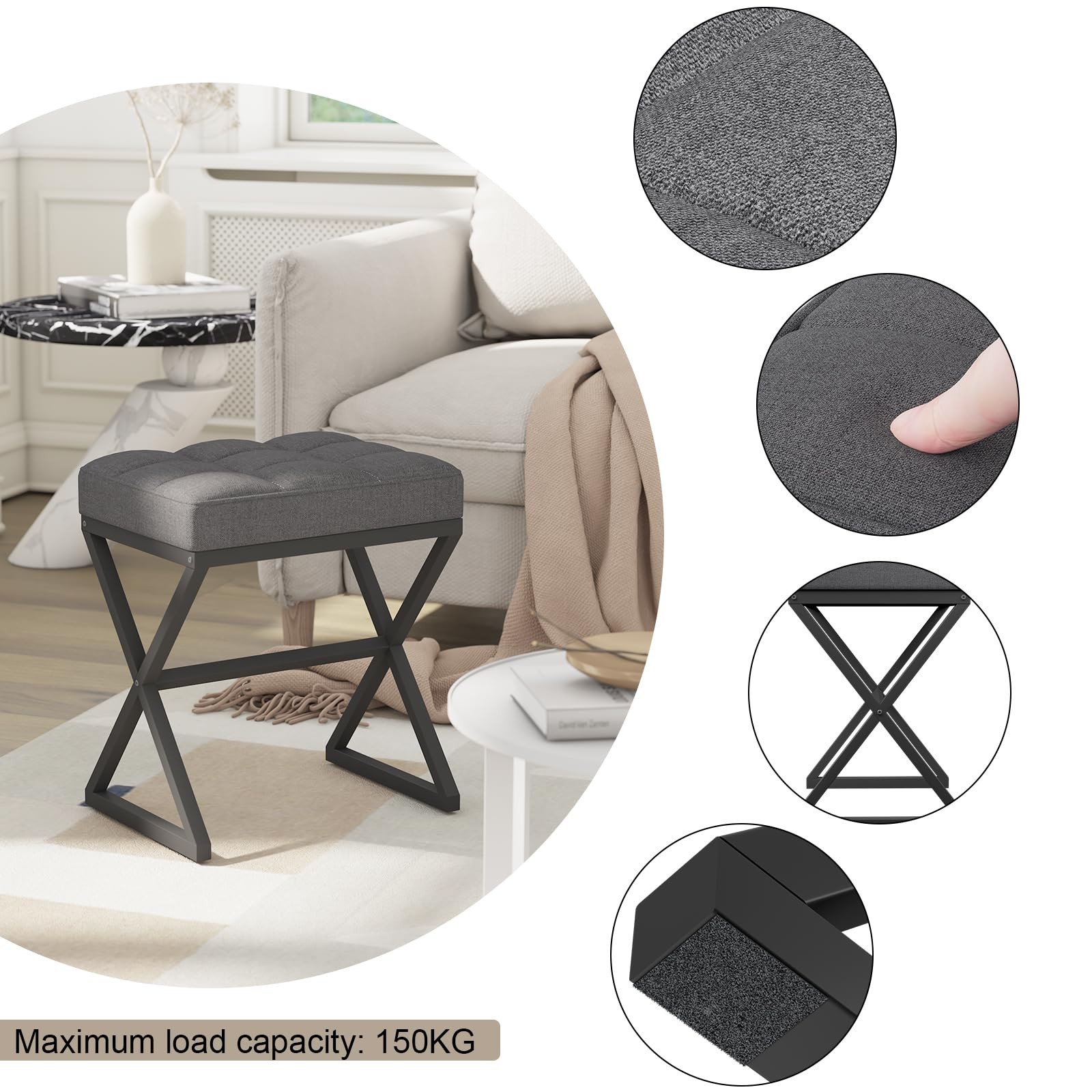 Vanity Stool, Linen Footrest, Ottoman Bench with X-Shaped Metal Legs, Makeup ...