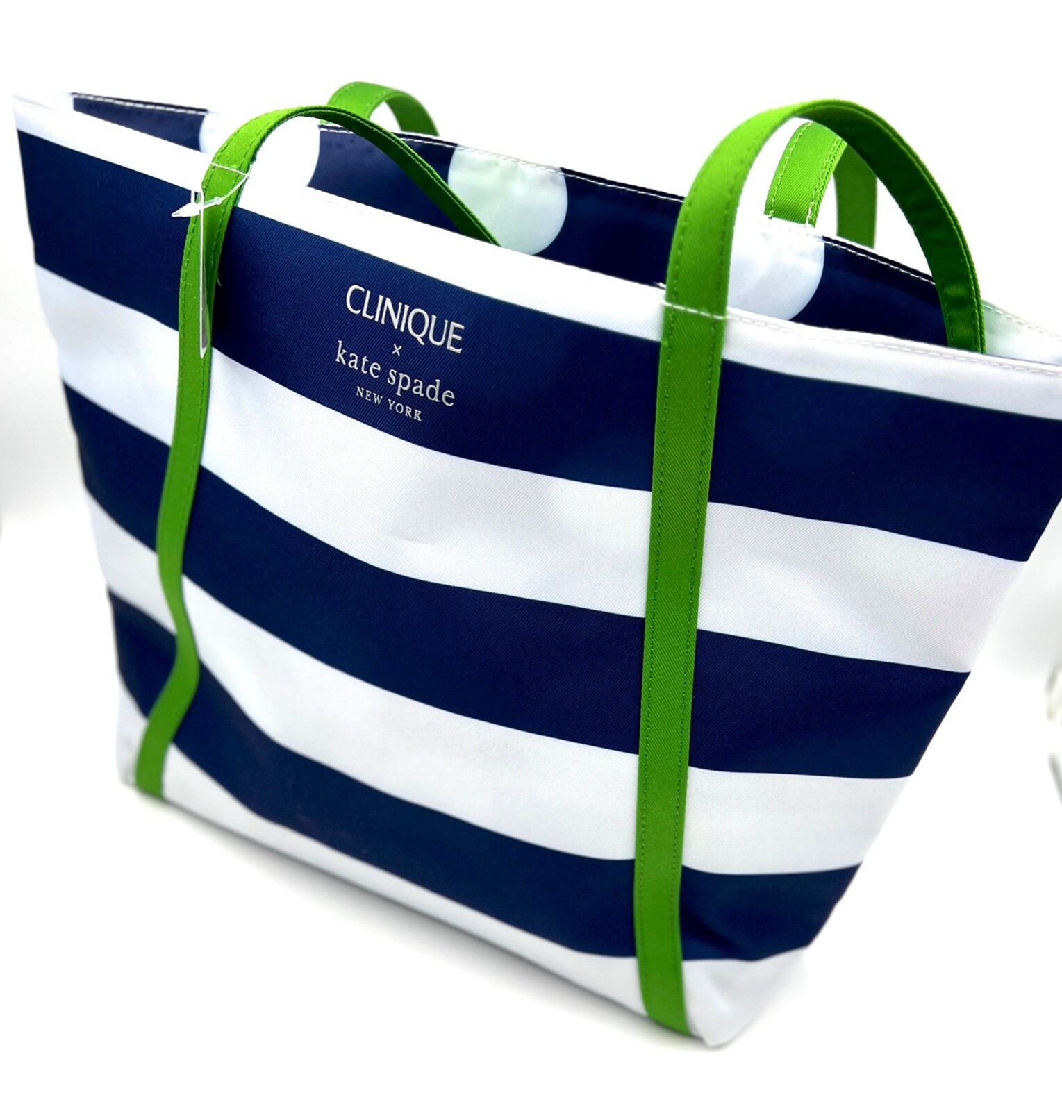 Clinique x Kate Spade Shopping Shoulder Tote Bag~Navy White Stripe~ Green Strip