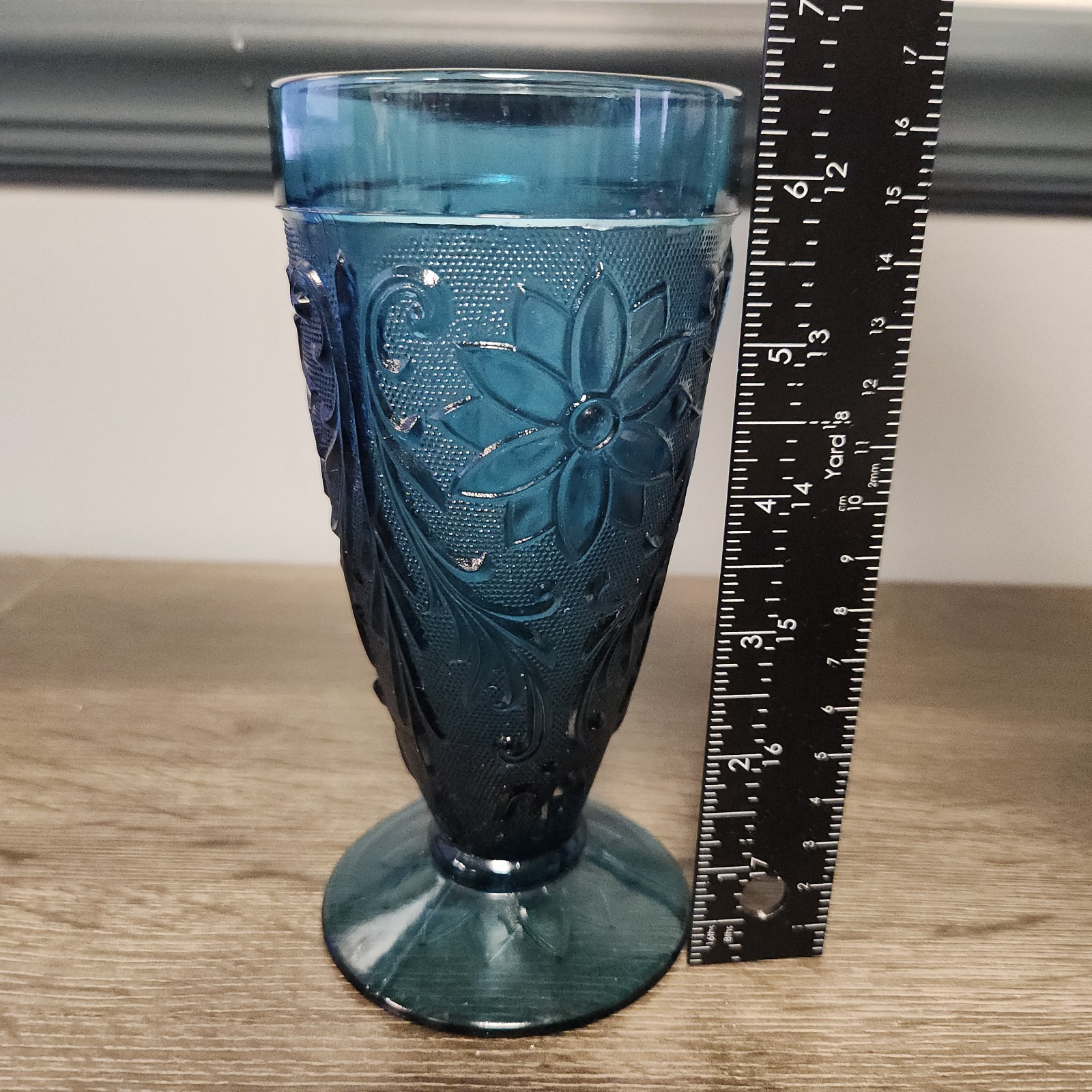 Indiana Glass Tiara Sandwich Bicentennial Colonial Blue Iced Tea Footed Tumbler