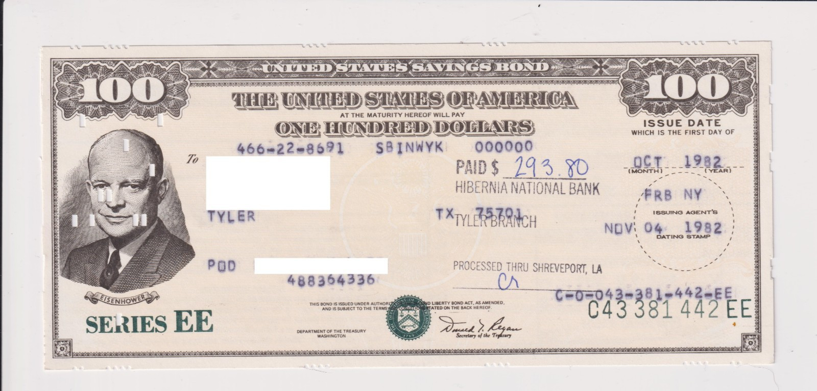 1986 UNITED STATES $100 US SAVINGS BOND DWIGHT 'IKE' EISENHOWER Tyler Texas