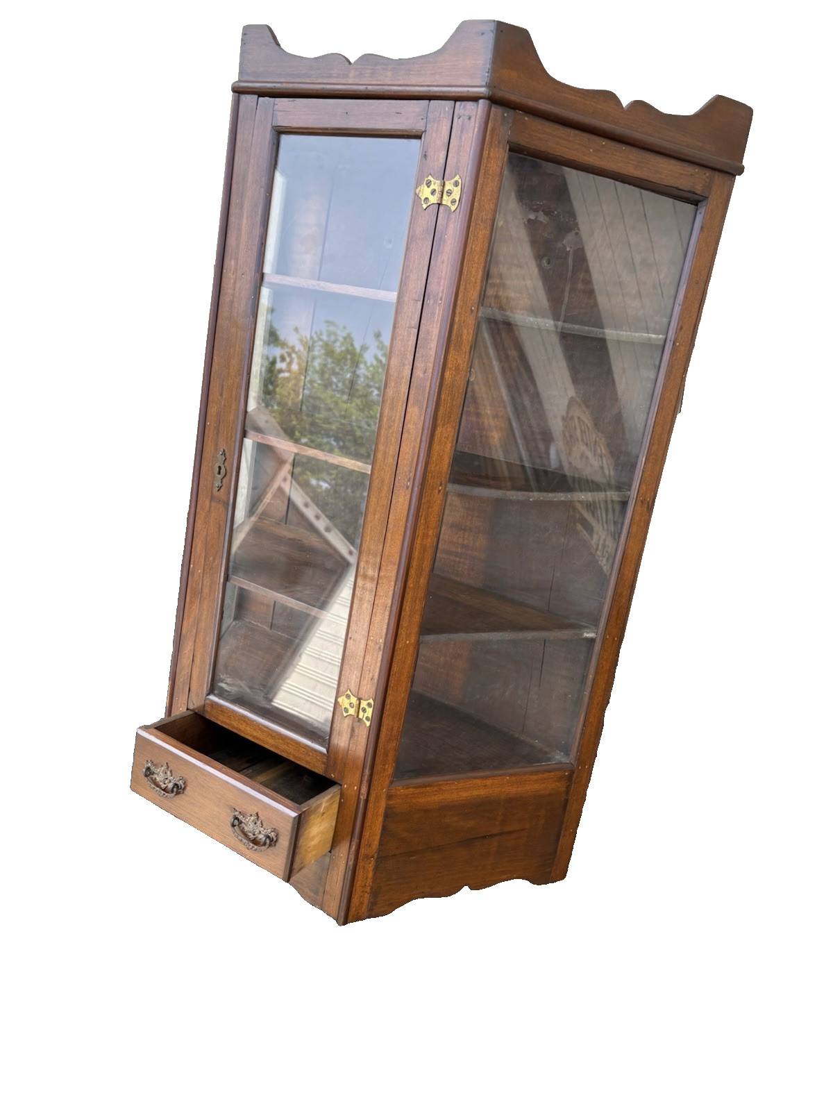 66800 Antique Victorian Walnut Whatnot Wall Curio Shelf with Drawer