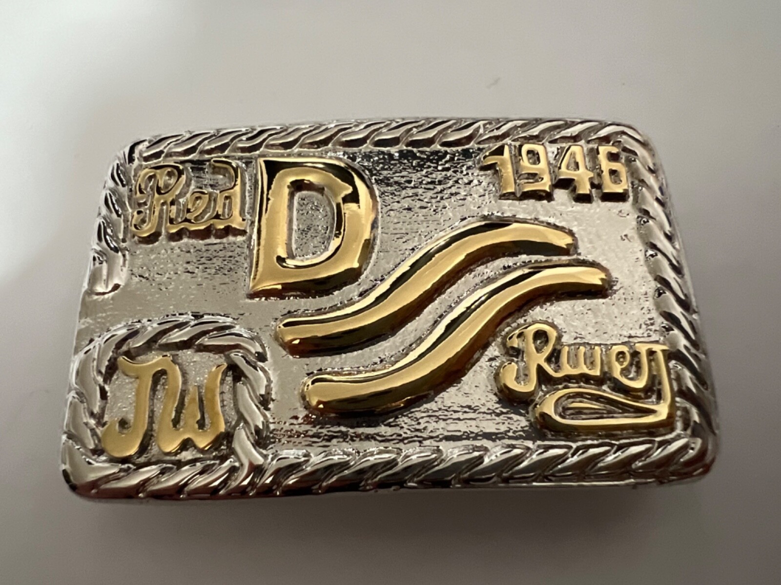 John Wayne GOLD/NICKEL Red River D Brand Belt Buckle Movie Westerns JW INITIALS
