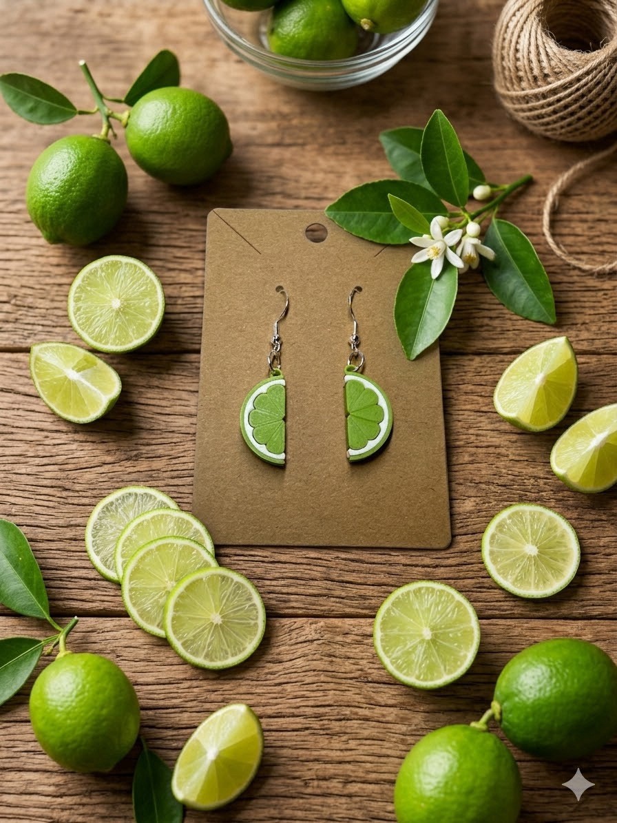 Small Lime Slice Dangle Earrings Zesty Fruit Jewelry Gift Fleshy Squeezed🍋‍🟩