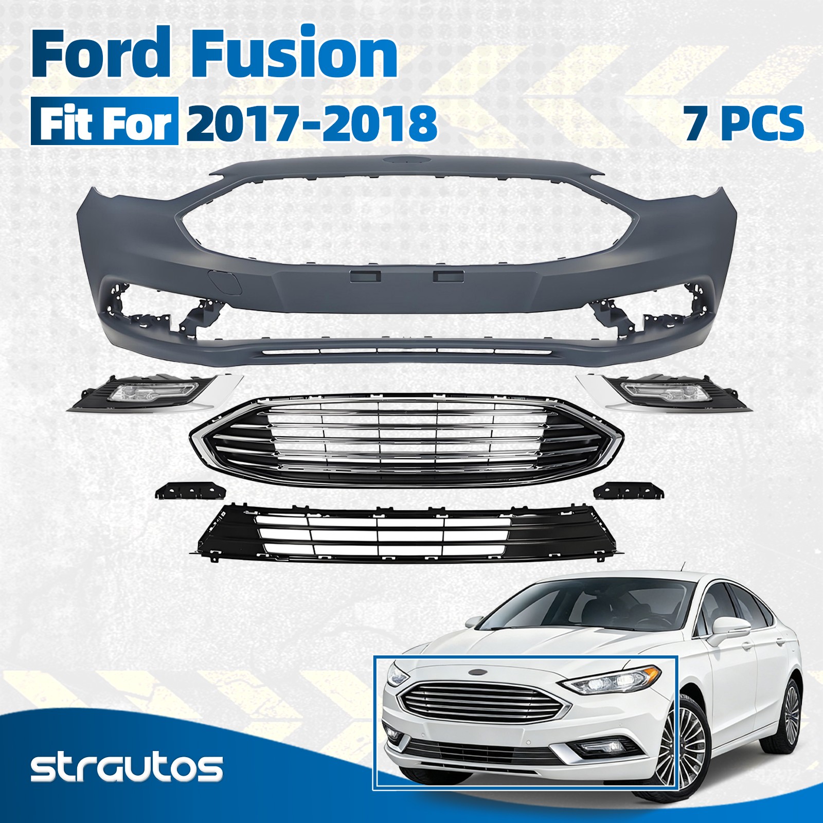 Front Bumper Cover Grille Assembly Kit Set For 2017 2018 Ford Fusion w/Fog Light