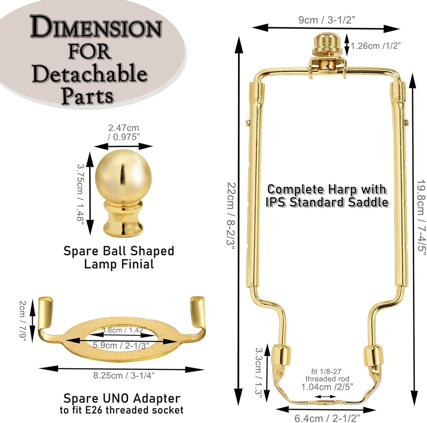 Durable Adjustable Gold Lamp Harp Holder - Complete with Finials and Accessories