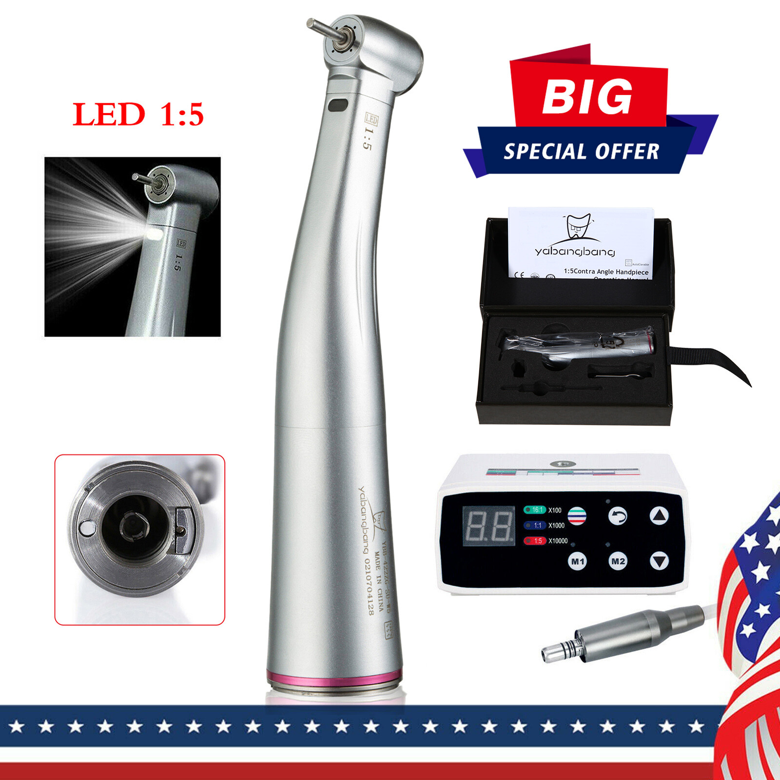 Dental 1:5 Increasing Contra Angle LED Optic Handpiece Fit NSK Electric Motor